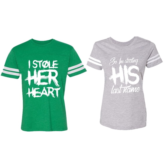 I Stole Her Heart So I am Stealing His Last Name Matching Couple Cotton Jerseys (Men Green / Women Heather) (Men XXL / Women XL)