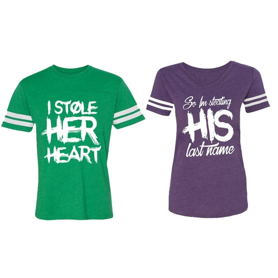 I Stole Her Heart So I am Stealing His Last Name Matching Couple Cotton Jerseys (Men Green / Women Purple) (Men XL / Women L)