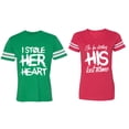 thumbnail image 1 of I Stole Her Heart So I am Stealing His Last Name Matching Couple Cotton Jerseys (Men Green / Women Red) (Men S / Women XXL), 1 of 3