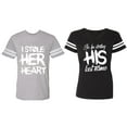 thumbnail image 1 of I Stole Her Heart So I am Stealing His Last Name Matching Couple Cotton Jerseys (Men Heather / Women Black) (Men XXXL / Women XXL), 1 of 3