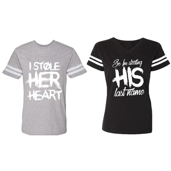 I Stole Her Heart So I am Stealing His Last Name Matching Couple Cotton Jerseys (Men Heather / Women Black) (Men XXXL / Women XXL)