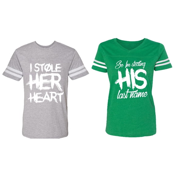 I Stole Her Heart So I am Stealing His Last Name Matching Couple Cotton Jerseys (Men Heather / Women Green) (Men XL / Women XL)