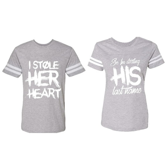 I Stole Her Heart So I am Stealing His Last Name Matching Couple Cotton Jerseys (Men Heather / Women Heather) (Men L / Women L)