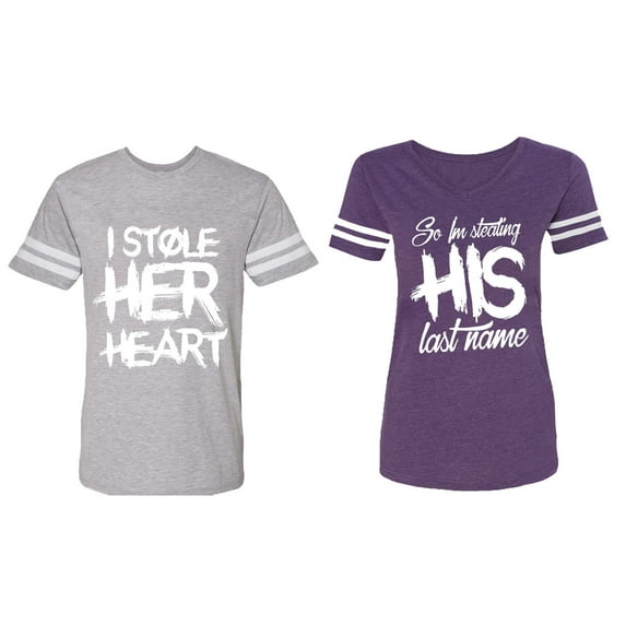 I Stole Her Heart So I am Stealing His Last Name Matching Couple Cotton Jerseys (Men Heather / Women Purple) (Men S / Women L)