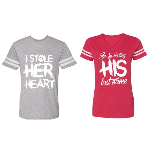 I Stole Her Heart So I am Stealing His Last Name Matching Couple Cotton Jerseys (Men Heather / Women Red) (Men XXL / Women S)
