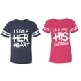 thumbnail image 1 of I Stole Her Heart So I am Stealing His Last Name Matching Couple Cotton Jerseys (Men Navy / Women Pink) (Men M / Women L), 1 of 3