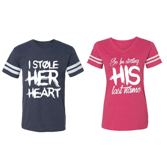 I Stole Her Heart So I am Stealing His Last Name Matching Couple Cotton Jerseys (Men Navy / Women Pink) (Men XXL / Women M)