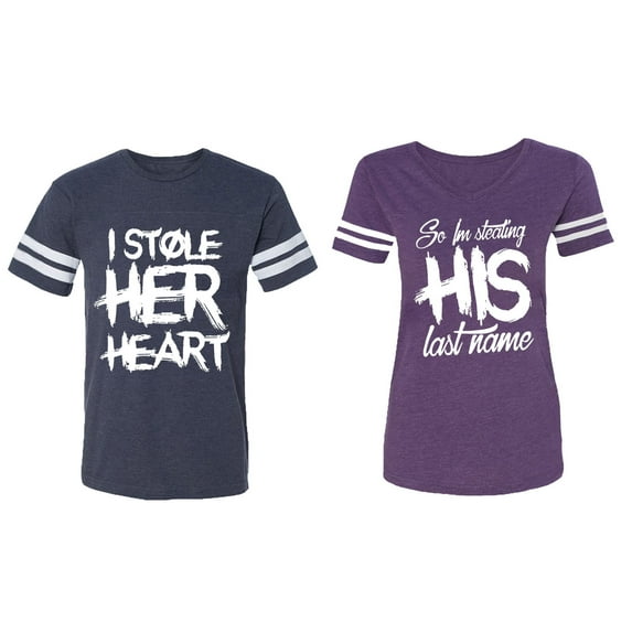 I Stole Her Heart So I am Stealing His Last Name Matching Couple Cotton Jerseys (Men Navy / Women Purple) (Men XXL / Women XL)