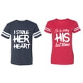 thumbnail image 1 of I Stole Her Heart So I am Stealing His Last Name Matching Couple Cotton Jerseys (Men Navy / Women Red) (Men L / Women XL), 1 of 3