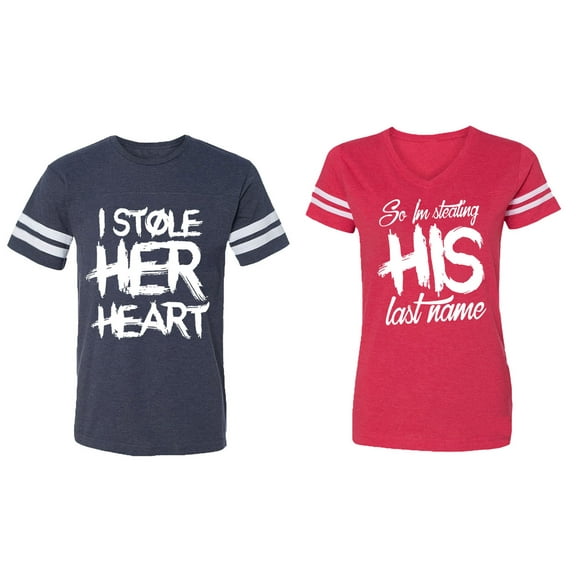 I Stole Her Heart So I am Stealing His Last Name Matching Couple Cotton Jerseys (Men Navy / Women Red) (Men S / Women XXL)