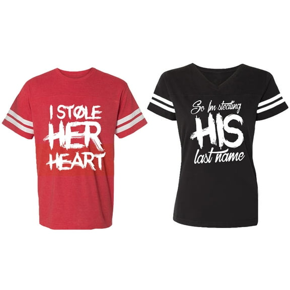 I Stole Her Heart So I am Stealing His Last Name Matching Couple Cotton Jerseys (Men Red / Women Black) (Men S / Women S)