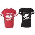 thumbnail image 1 of I Stole Her Heart So I am Stealing His Last Name Matching Couple Cotton Jerseys (Men Red / Women Black) (Men XL / Women XL), 1 of 3