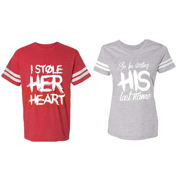 I Stole Her Heart So I am Stealing His Last Name Matching Couple Cotton Jerseys (Men Red / Women Heather) (Men XL / Women M)