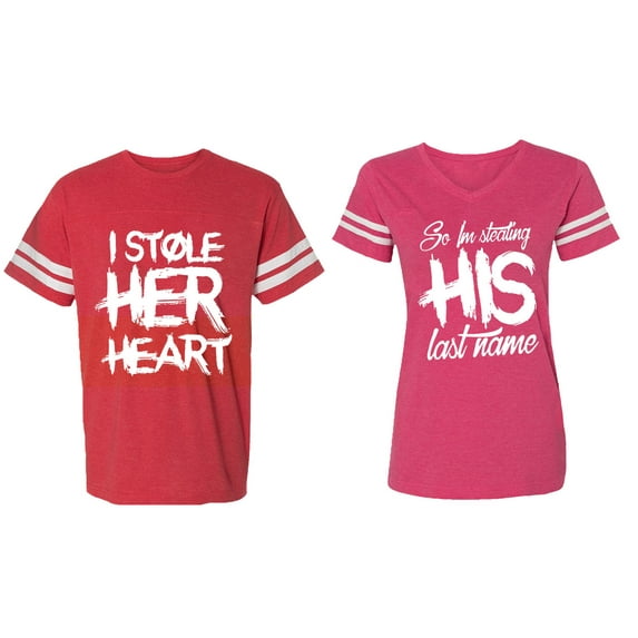I Stole Her Heart So I am Stealing His Last Name Matching Couple Cotton Jerseys (Men Red / Women Pink) (Men S / Women M)