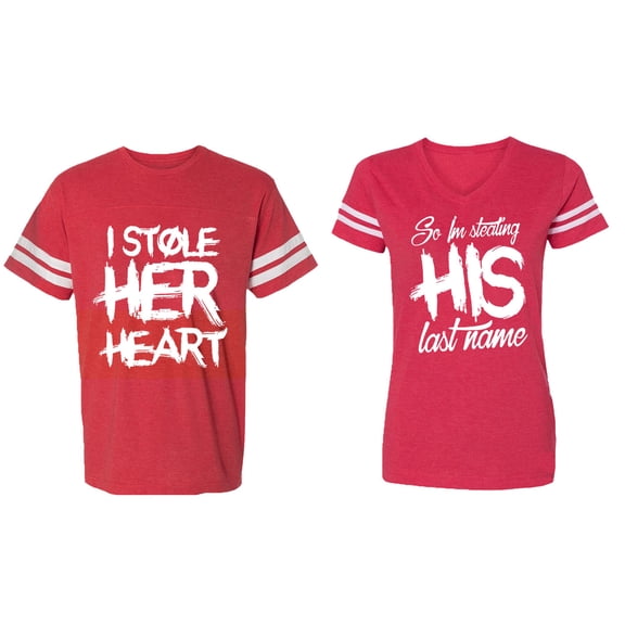 I Stole Her Heart So I am Stealing His Last Name Matching Couple Cotton Jerseys (Men Red / Women Red) (Men L / Women M)