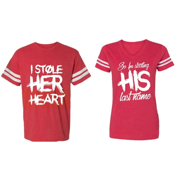 I Stole Her Heart So I am Stealing His Last Name Matching Couple Cotton Jerseys (Men Red / Women Red) (Men XXXL / Women XXL)
