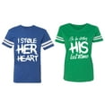 thumbnail image 1 of I Stole Her Heart So I am Stealing His Last Name Matching Couple Cotton Jerseys (Men Royal / Women Green) (Men S / Women XXL), 1 of 3