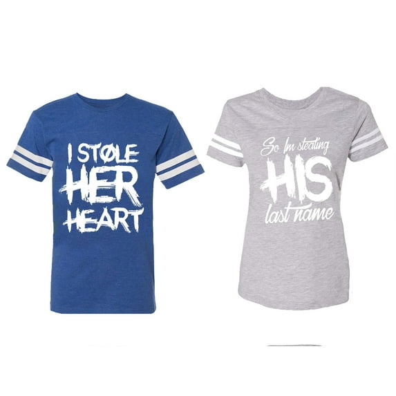 I Stole Her Heart So I am Stealing His Last Name Matching Couple Cotton Jerseys (Men Royal / Women Heather) (Men M / Women S)