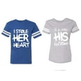 thumbnail image 1 of I Stole Her Heart So I am Stealing His Last Name Matching Couple Cotton Jerseys (Men Royal / Women Heather) (Men M / Women XL), 1 of 3