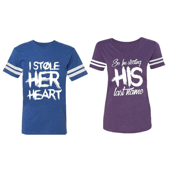 I Stole Her Heart So I am Stealing His Last Name Matching Couple Cotton Jerseys (Men Royal / Women Purple) (Men M / Women S)