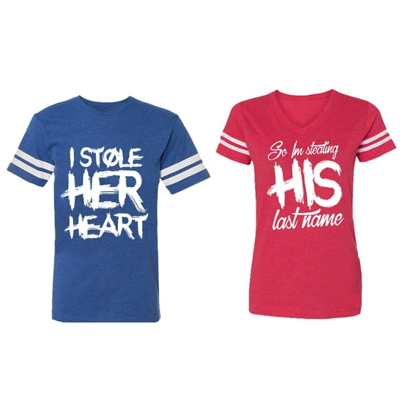 I Stole Her Heart So I am Stealing His Last Name Matching Couple Cotton Jerseys (Men Royal / Women Red) (Men XXL / Women L)