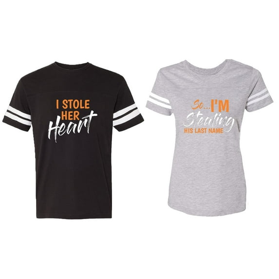I Stole Her Heart So I am Stealing His Last name Matching Couple Cotton Jerseys (Men Black / Women Heather) (Men XXL / Women XL)