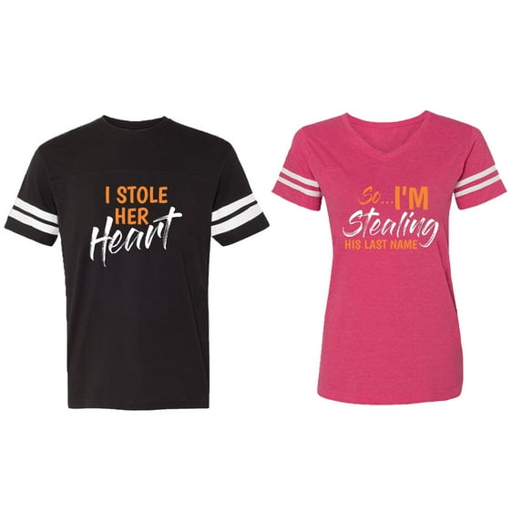 I Stole Her Heart So I am Stealing His Last name Matching Couple Cotton Jerseys (Men Black / Women Pink) (Men XL / Women M)