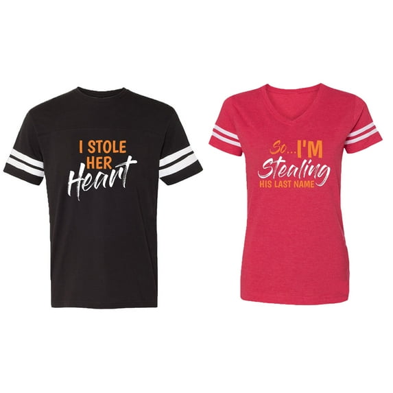 I Stole Her Heart So I am Stealing His Last name Matching Couple Cotton Jerseys (Men Black / Women Red) (Men XL / Women XXL)