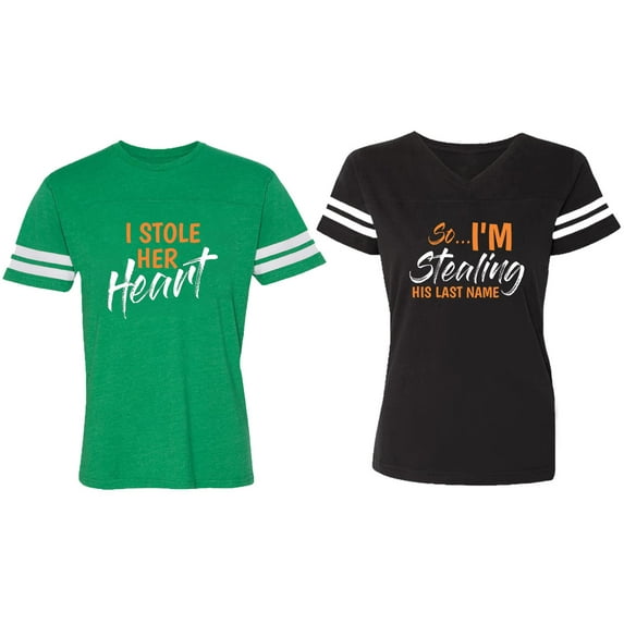 I Stole Her Heart So I am Stealing His Last name Matching Couple Cotton Jerseys (Men Green / Women Black) (Men S / Women S)