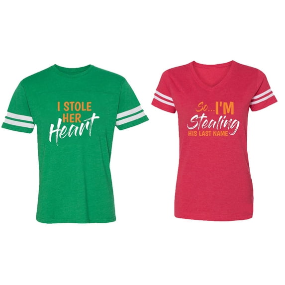 I Stole Her Heart So I am Stealing His Last name Matching Couple Cotton Jerseys (Men Green / Women Red) (Men S / Women S)
