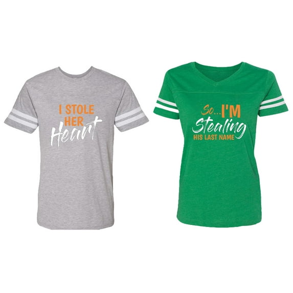 I Stole Her Heart So I am Stealing His Last name Matching Couple Cotton Jerseys (Men Heather / Women Green) (Men M / Women L)