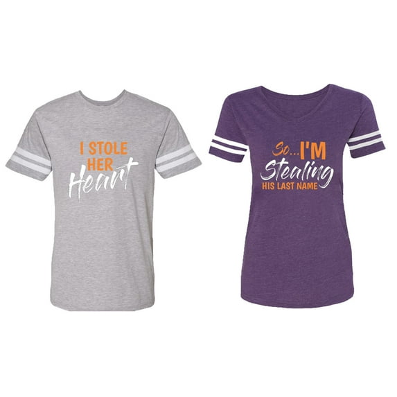 I Stole Her Heart So I am Stealing His Last name Matching Couple Cotton Jerseys (Men Heather / Women Purple) (Men S / Women XXL)