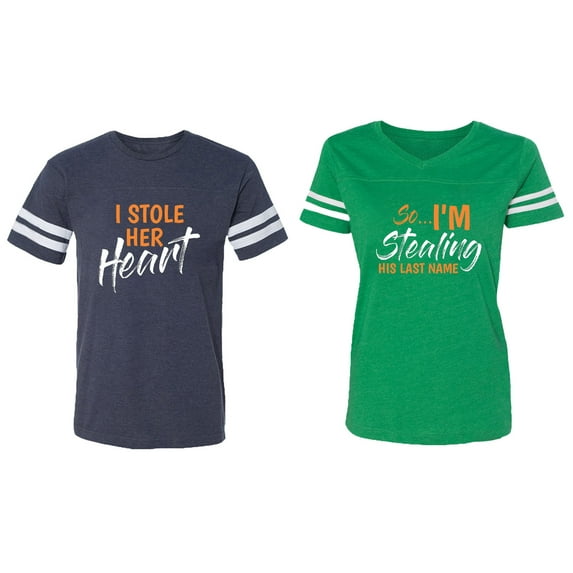 I Stole Her Heart So I am Stealing His Last name Matching Couple Cotton Jerseys (Men Navy / Women Green) (Men XXL / Women XXL)