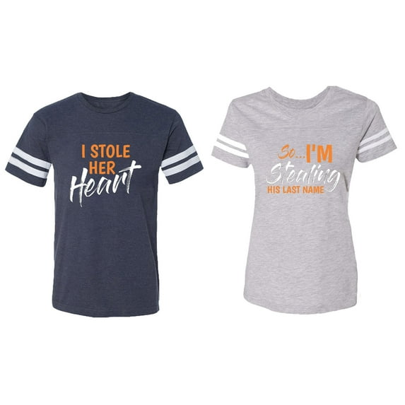 I Stole Her Heart So I am Stealing His Last name Matching Couple Cotton Jerseys (Men Navy / Women Heather) (Men S / Women XL)