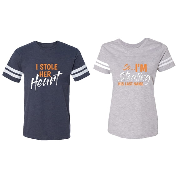 I Stole Her Heart So I am Stealing His Last name Matching Couple Cotton Jerseys (Men Navy / Women Heather) (Men XXL / Women M)