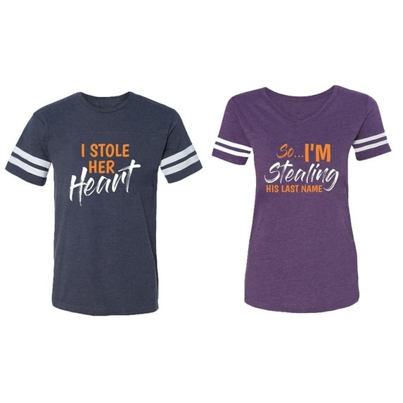 I Stole Her Heart So I am Stealing His Last name Matching Couple Cotton Jerseys (Men Navy / Women Purple) (Men XXL / Women M)