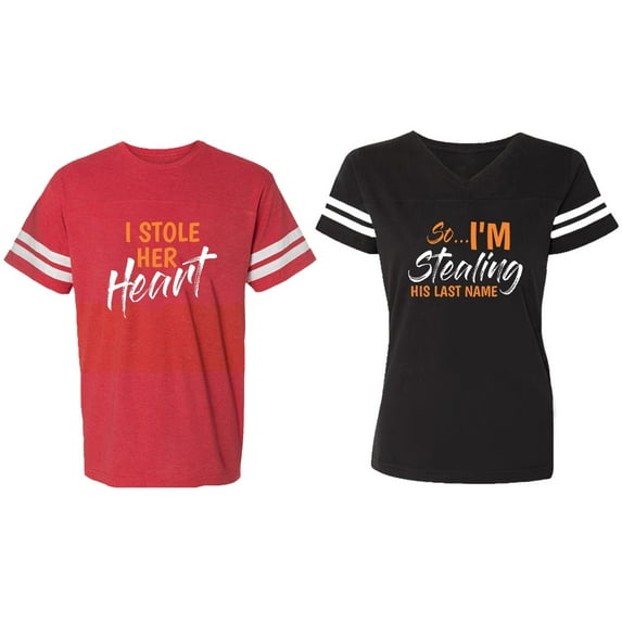 I Stole Her Heart So I am Stealing His Last name Matching Couple Cotton Jerseys (Men Red / Women Black) (Men S / Women S)