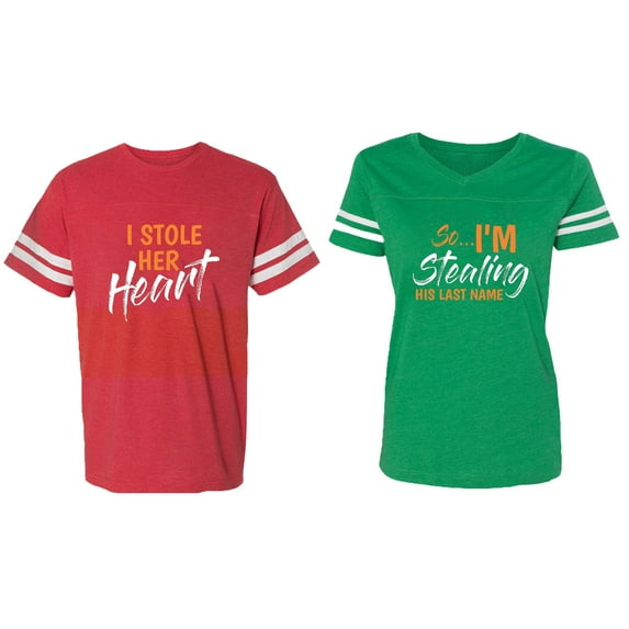 I Stole Her Heart So I am Stealing His Last name Matching Couple Cotton Jerseys (Men Red / Women Green) (Men M / Women XXL)
