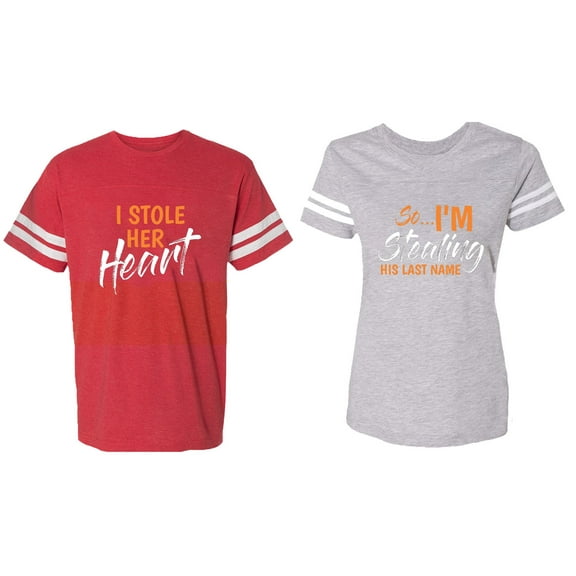 I Stole Her Heart So I am Stealing His Last name Matching Couple Cotton Jerseys (Men Red / Women Heather) (Men XL / Women S)