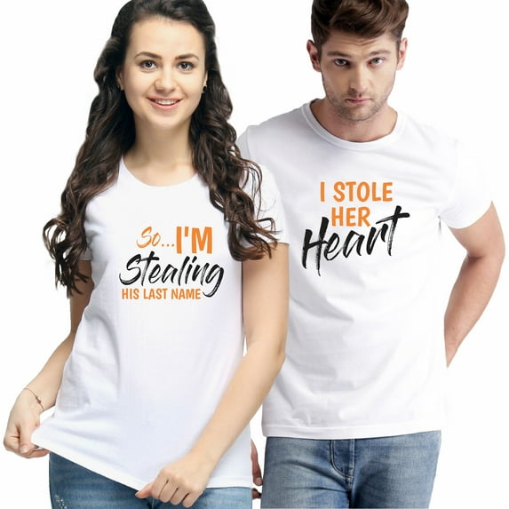 I Stole Her Heart So I am Stealing His Name Couple T-Shirt Color White Size Men XXL - Women XL