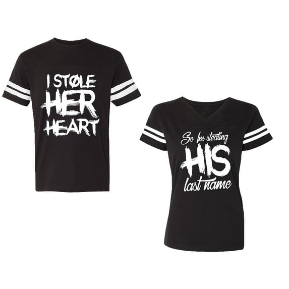 I Stole Her Heart So I am Stealing His Last Name Unisex Couple Matching Cotton Jersey style T-Shirt Contrasting stripes on sleeves (Men Black / Women Black) (Men S / Women S)
