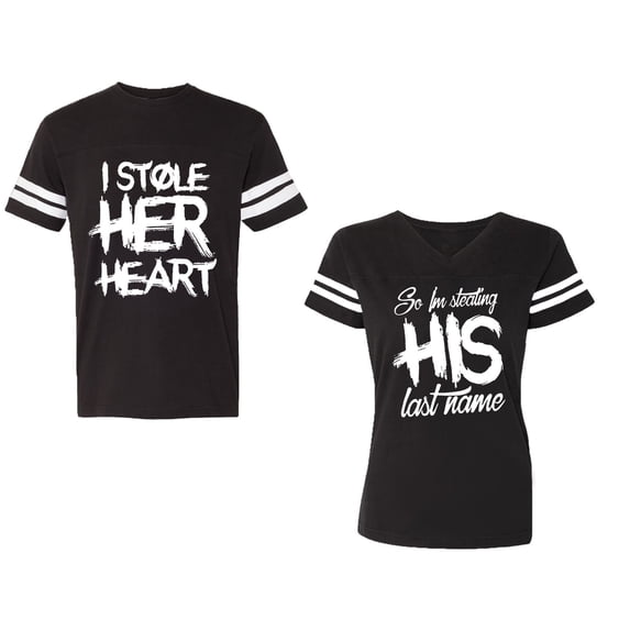 I Stole Her Heart So I am Stealing His Last Name Unisex Couple Matching Cotton Jersey style T-Shirt Contrasting stripes on sleeves (Men Black / Women Black) (Men XL / Women M)