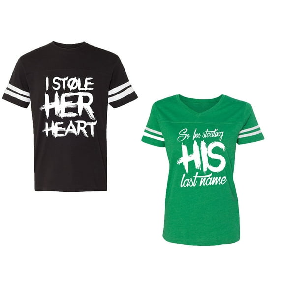 I Stole Her Heart So I am Stealing His Last Name Unisex Couple Matching Cotton Jersey style T-Shirt Contrasting stripes on sleeves (Men Black / Women Green) (Men XXL / Women L)