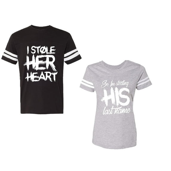 I Stole Her Heart So I am Stealing His Last Name Unisex Couple Matching Cotton Jersey style T-Shirt Contrasting stripes on sleeves (Men Black / Women Heather) (Men XXXL / Women XXL)