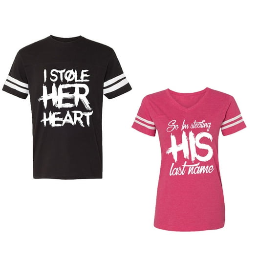 I Stole Her Heart So I am Stealing His Last Name Unisex Couple Matching Cotton Jersey style T-Shirt Contrasting stripes on sleeves (Men Black / Women Pink) (Men XXL / Women L)