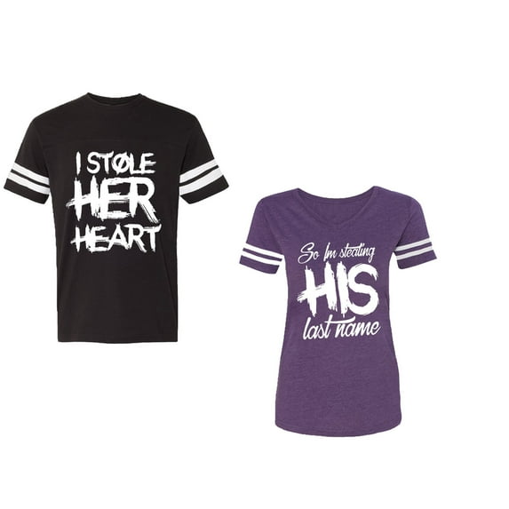 I Stole Her Heart So I am Stealing His Last Name Unisex Couple Matching Cotton Jersey style T-Shirt Contrasting stripes on sleeves (Men Black / Women Purple) (Men L / Women L)