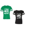 thumbnail image 1 of I Stole Her Heart So I am Stealing His Last Name Unisex Couple Matching Cotton Jersey style T-Shirt Contrasting stripes on sleeves (Men Green / Women Black) (Men XXL / Women S), 1 of 3