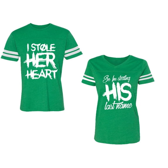 I Stole Her Heart So I am Stealing His Last Name Unisex Couple Matching Cotton Jersey style T-Shirt Contrasting stripes on sleeves (Men Green / Women Green) (Men XL / Women XL)