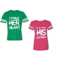 thumbnail image 1 of I Stole Her Heart So I am Stealing His Last Name Unisex Couple Matching Cotton Jersey style T-Shirt Contrasting stripes on sleeves (Men Green / Women Pink) (Men XXL / Women XL), 1 of 3