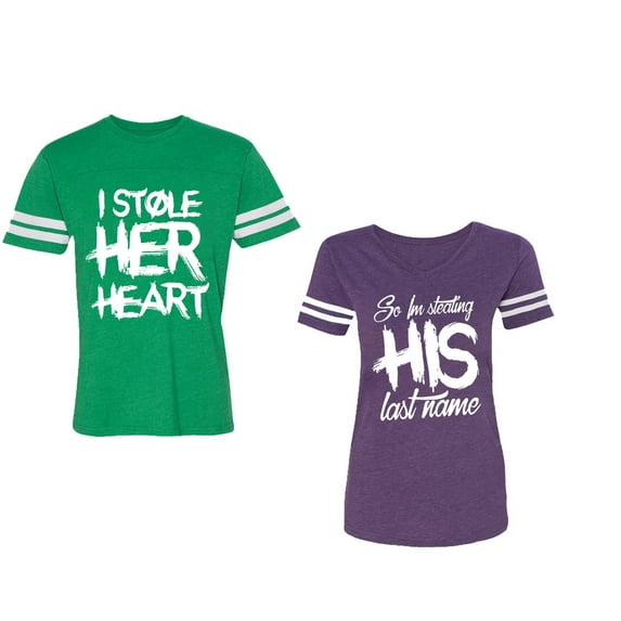 I Stole Her Heart So I am Stealing His Last Name Unisex Couple Matching Cotton Jersey style T-Shirt Contrasting stripes on sleeves (Men Green / Women Purple) (Men S / Women XL)